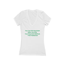 Load image into Gallery viewer, THE FREELANCER Payment Method. Women's Jersey Short Sleeve Deep V-Neck BLACK w/ Green Text Tee - PLEASE READ THE SIZE CHART