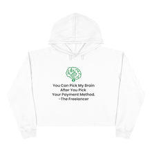 Load image into Gallery viewer, The FREELANCER Crop Hoodie - with icon - Women's Unisex Heavy Blend™ WHITE with green text - PLEASE READ THE SIZE CHART