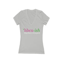 Load image into Gallery viewer, YEAR ROUND HBCUish Pink and green V-NECK Women&#39;s Jersey Short Sleeve Deep V-Neck Tee
