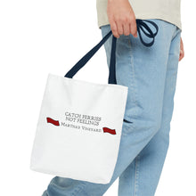 Load image into Gallery viewer, Crimson Red banners Martha&#39;s Vineyard Tote Bag - &quot;Catch Ferries Not Feelings&quot; [ choose your handle color ]
