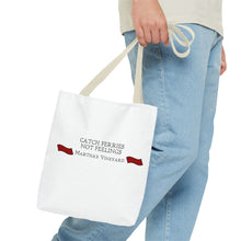 Load image into Gallery viewer, Crimson Red banners Martha&#39;s Vineyard Tote Bag - &quot;Catch Ferries Not Feelings&quot; [ choose your handle color ]
