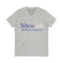 Load image into Gallery viewer, blue HBCU-ish [&lt;white] Unisex Jersey Short Sleeve V-Neck Tee [ t-shirt  ] ** READ SIZING CHART **
