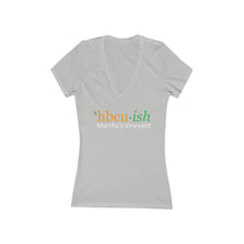 Load image into Gallery viewer, YEAR ROUND orange HBCU green ish Women&#39;s Jersey Short Sleeve Deep V-Neck Tee
