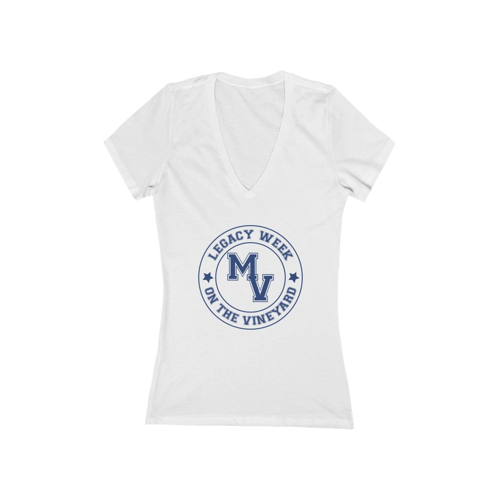 LEGACY WEEK ON THE VINEYARD Women's Jersey Short Sleeve Deep V-Neck Tee White w/ (reflex) BLUE text - PLEASE SEE SIZE CHART