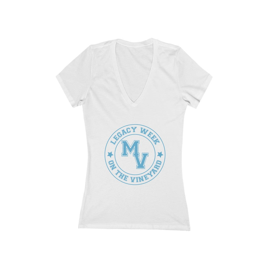 LEGACY WEEK ON THE VINEYARD Women's Jersey Short Sleeve Deep V-Neck Tee White w/ (spelman) BLUE text - PLEASE SEE SIZE CHART