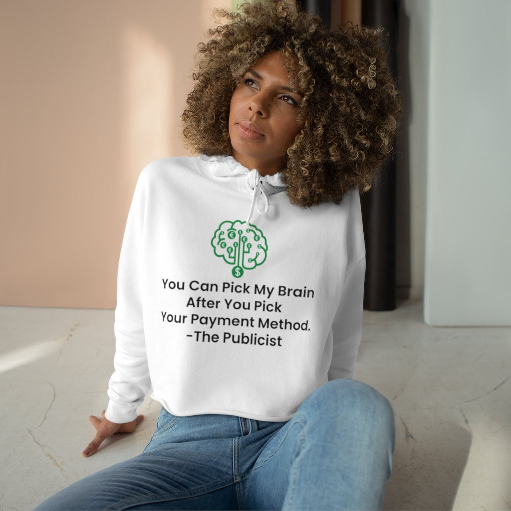 Crop Hoodie  PUBLICIST Women's Unisex Heavy Blend™ WHITE with black text - PLEASE READ THE SIZE CHART
