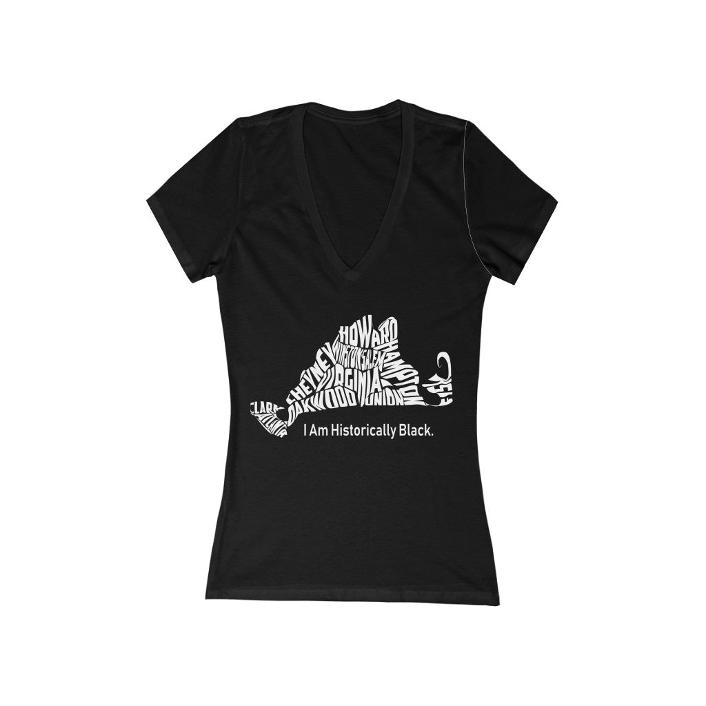 Black Multi HBCUs with white lettering - Women's Jersey Short Sleeve Deep V-Neck Tee