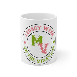 Pink and Green LEGACY WEEK ON THE VINEYARD Mug 11oz- Legacy Week (salmon pink) M ( apple green ) V (salmon pink) accent stars ( R-pink ), (L-green)