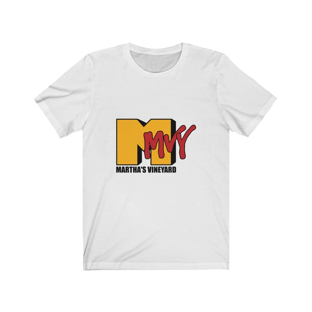 I Want My MVY - Martha's Vineyard Unisex Jersey Short Sleeve Tee  ( Gold M with Crimson MVY ) PLEASE SEE SIZE CHART