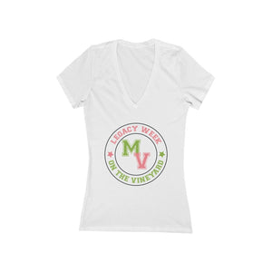 LEGACY WEEK ON THE VINEYARD Women's Jersey Short Sleeve Deep V-Neck Tee White w/ Pink and Green Legacy Week (salmon pink) M ( apple green ) V (salmon pink) accent stars ( R-pink ), (L-green) PLEASE SEE SIZE CHART