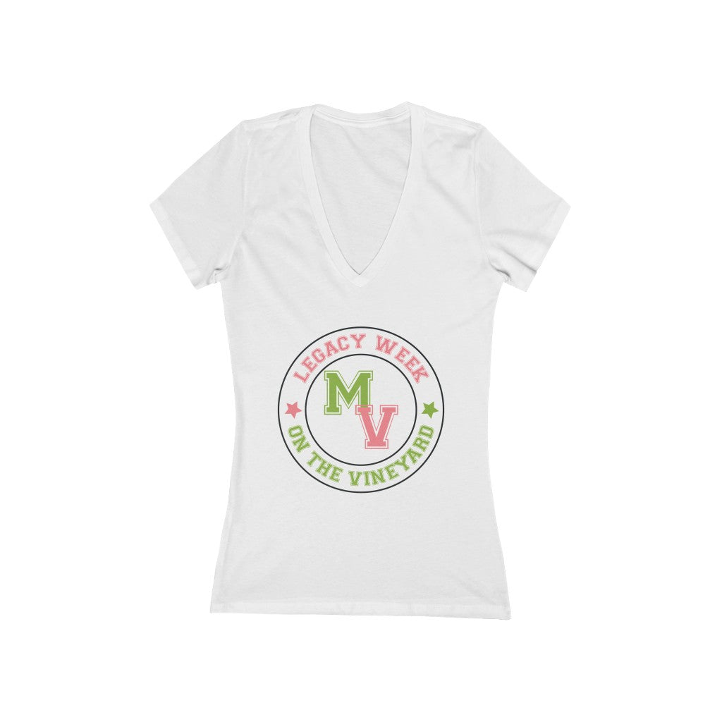 LEGACY WEEK ON THE VINEYARD Women's Jersey Short Sleeve Deep V-Neck Tee White w/ Pink and Green Legacy Week (salmon pink) M ( apple green ) V (salmon pink) accent stars ( R-pink ), (L-green) PLEASE SEE SIZE CHART