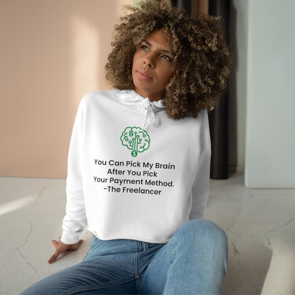 The FREELANCER Crop Hoodie - with icon - Women's Unisex Heavy Blend™ WHITE with green text - PLEASE READ THE SIZE CHART