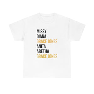 Grace Jones Gold x on White Shirt Unisex Heavy Cotton Tee READ SIZE CHART