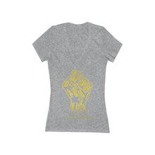 Load image into Gallery viewer, HBCU Power to the People Women&#39;s Jersey Short Sleeve Deep V-Neck white Tee - gold fist with gold letters
