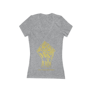 HBCU Power to the People Women's Jersey Short Sleeve Deep V-Neck white Tee - gold fist with gold letters