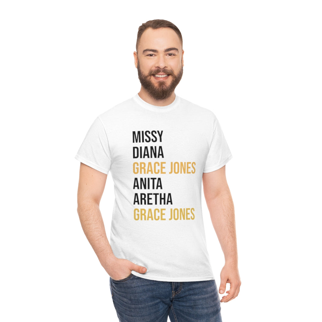 Grace Jones Gold x on White Shirt Unisex Heavy Cotton Tee READ SIZE CHART