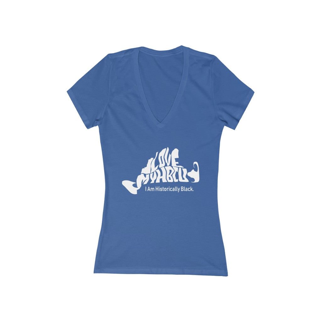 Black- I Love My HBCU with white lettering Women's Jersey Short Sleeve Deep V-Neck Tee - PLEASE SEE SIZE CHART
