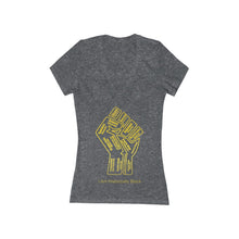Load image into Gallery viewer, HBCU Power to the People Women&#39;s Jersey Short Sleeve Deep V-Neck black Tee - gold fist with gold letters
