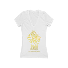 Load image into Gallery viewer, HBCU Power to the People Women&#39;s Jersey Short Sleeve Deep V-Neck white Tee - gold fist with gold letters
