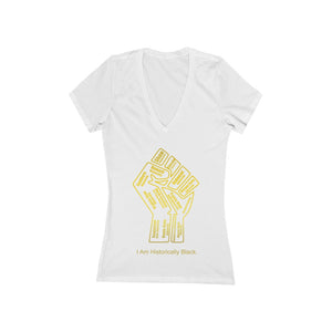 HBCU Power to the People Women's Jersey Short Sleeve Deep V-Neck white Tee - gold fist with gold letters