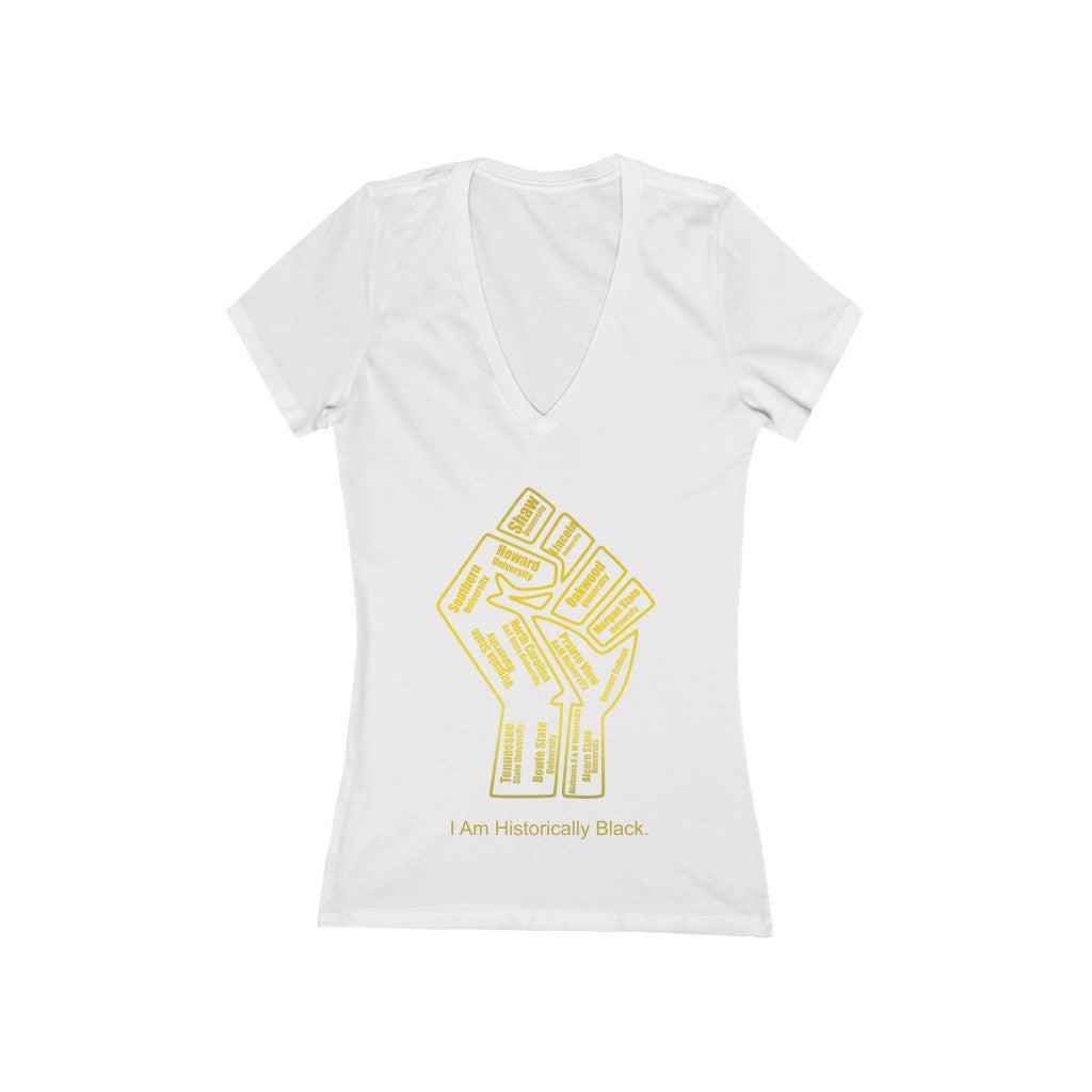 HBCU Power to the People Women's Jersey Short Sleeve Deep V-Neck white Tee - gold fist with gold letters