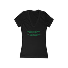 Load image into Gallery viewer, THE PUBLICIST Payment Method. Women&#39;s Jersey Short Sleeve Deep BLACK V-Neck Tee - PLEASE READ THE SIZE CHART
