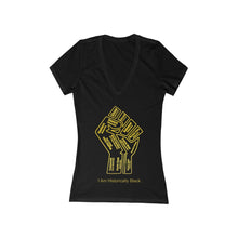 Load image into Gallery viewer, HBCU Power to the People Women&#39;s Jersey Short Sleeve Deep V-Neck black Tee - gold fist with gold letters
