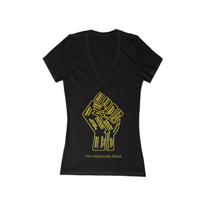 HBCU Power to the People Women's Jersey Short Sleeve Deep V-Neck black Tee - gold fist with gold letters