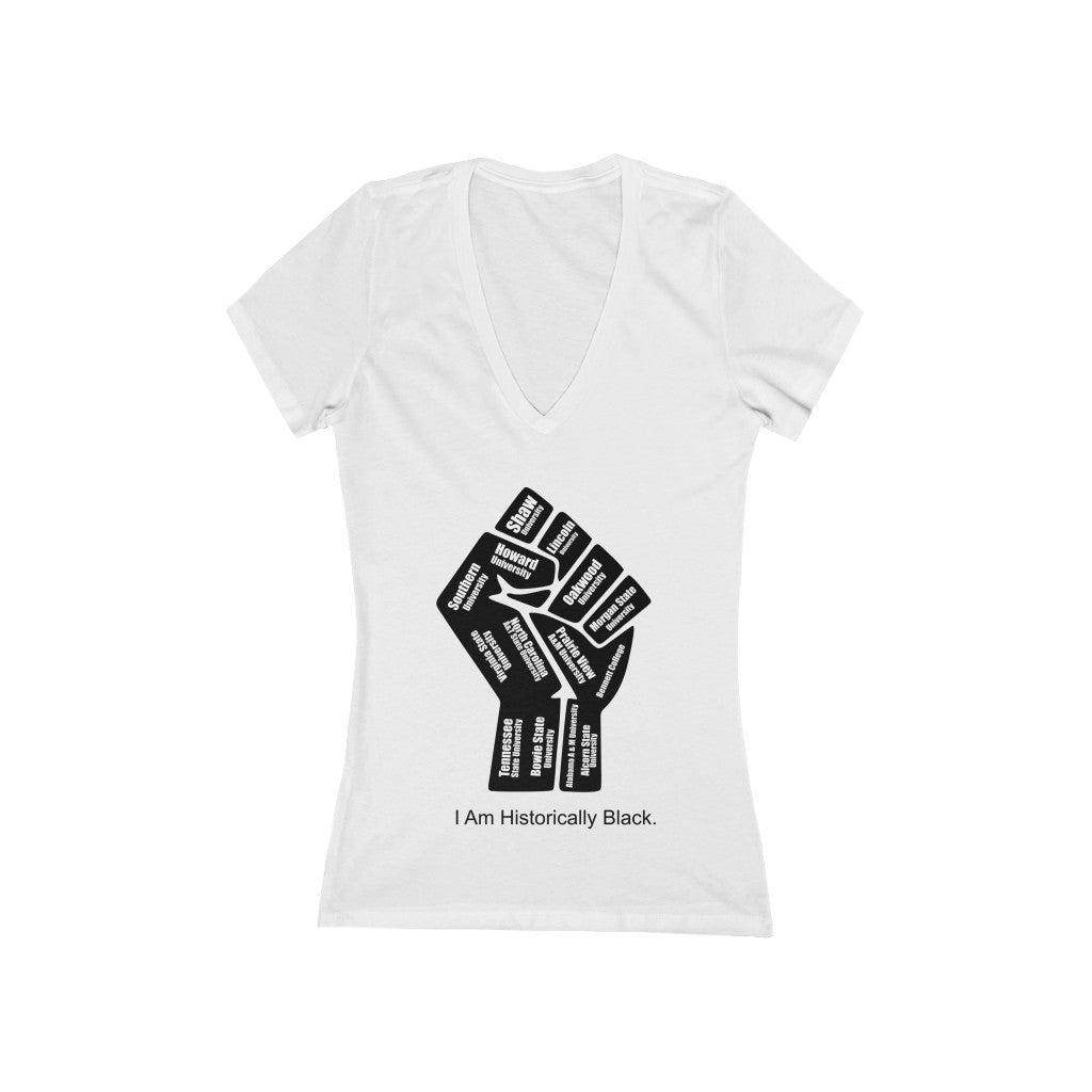 HBCU Power to the People Women's Jersey Short Sleeve Deep V-Neck white Tee - black fist with white letters