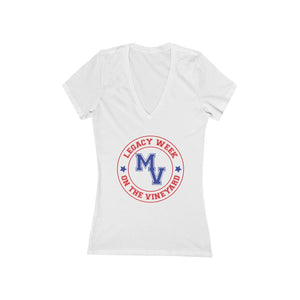 LEGACY WEEK ON THE VINEYARD Women's Jersey Short Sleeve Deep V-Neck Tee White w/ Red, White and Blue text - PLEASE SEE SIZE CHART