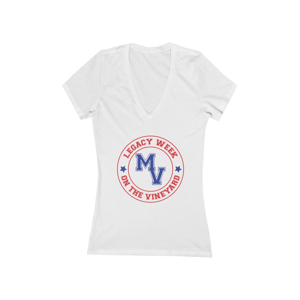 LEGACY WEEK ON THE VINEYARD Women's Jersey Short Sleeve Deep V-Neck Tee White w/ Red, White and Blue text - PLEASE SEE SIZE CHART