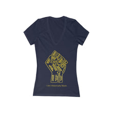 Load image into Gallery viewer, HBCU Power to the People Women&#39;s Jersey Short Sleeve Deep V-Neck black Tee - gold fist with gold letters
