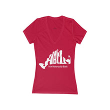 Load image into Gallery viewer, Red - HBCU with white lettering Women&#39;s Jersey Short Sleeve Deep V-Neck Tee Women&#39;s Jersey Short Sleeve Deep V-Neck Tee
