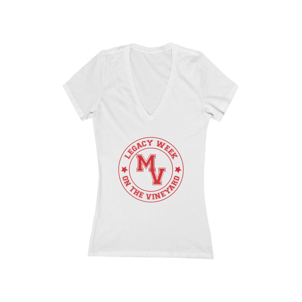 LEGACY WEEK ON THE VINEYARD Women's Jersey Short Sleeve Deep V-Neck Tee White w/ Crimson Red text - PLEASE SEE SIZE CHART