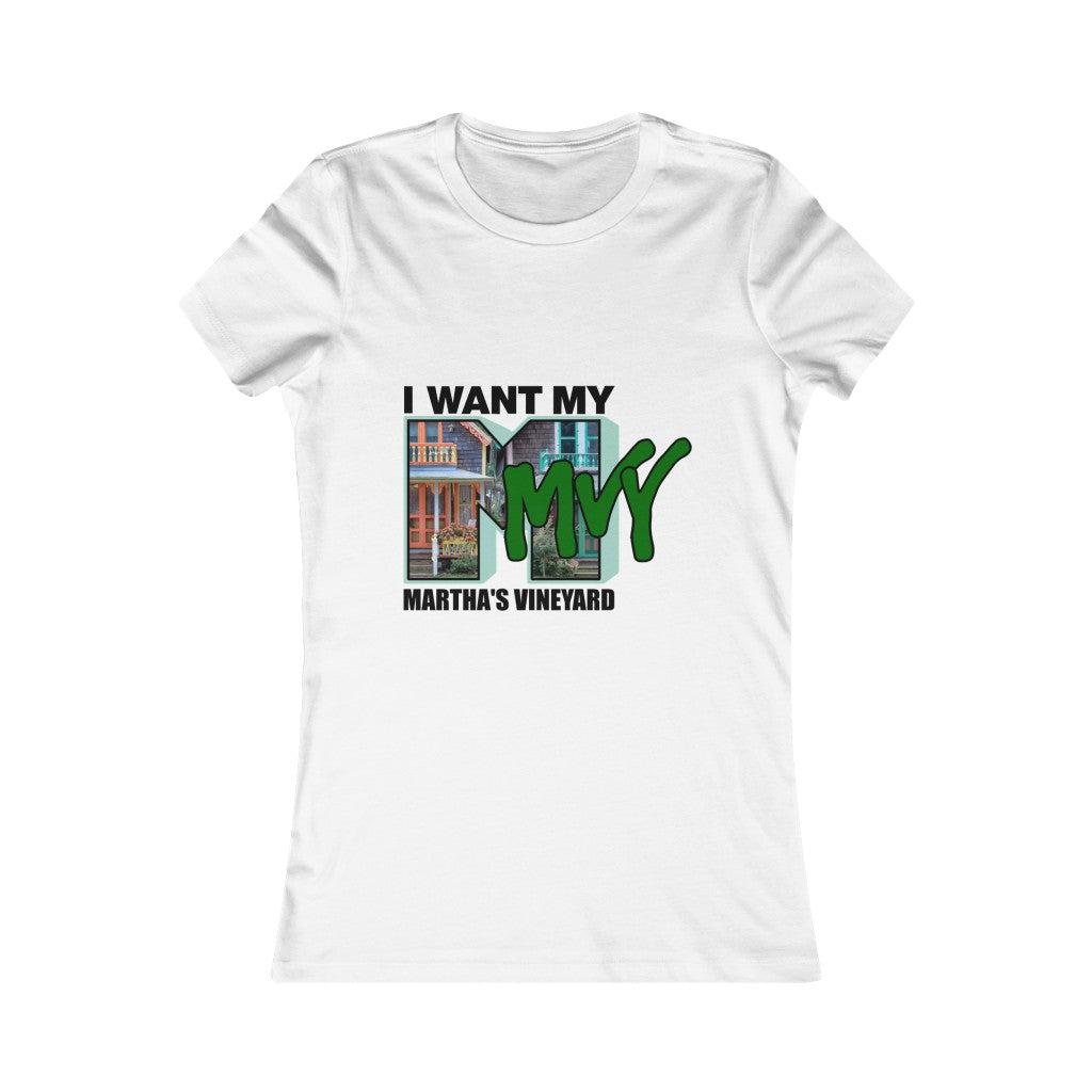 I Want My MVY - Martha's Vineyard Women's Favorite Tee ( Gingerbread house image M with Forest Green MVY ) PLEASE SEE SIZE CHART