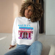 Load image into Gallery viewer, Crop Hoodie Martha&#39;s Vineyard with Pink Gingerbread House image ( MV Colors - aqua and orchid )

