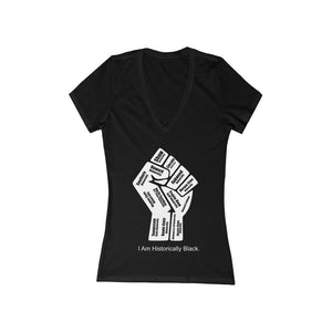 HBCU Power to the People Women's Jersey Short Sleeve Deep V-Neck black Tee - white fist with black letters