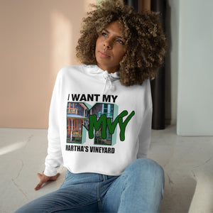 I Want My MVY - Martha's Vineyard Women's pink  Crop Hoodie ( Gingerbread M with Forest Green MVY ) PLEASE SEE SIZE CHART